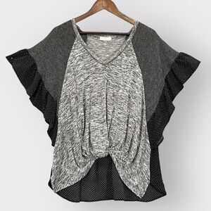 Chrysanthemum Blouse Top Women L Gray Multimedia Tie Front‎ Hem Ruffled T41